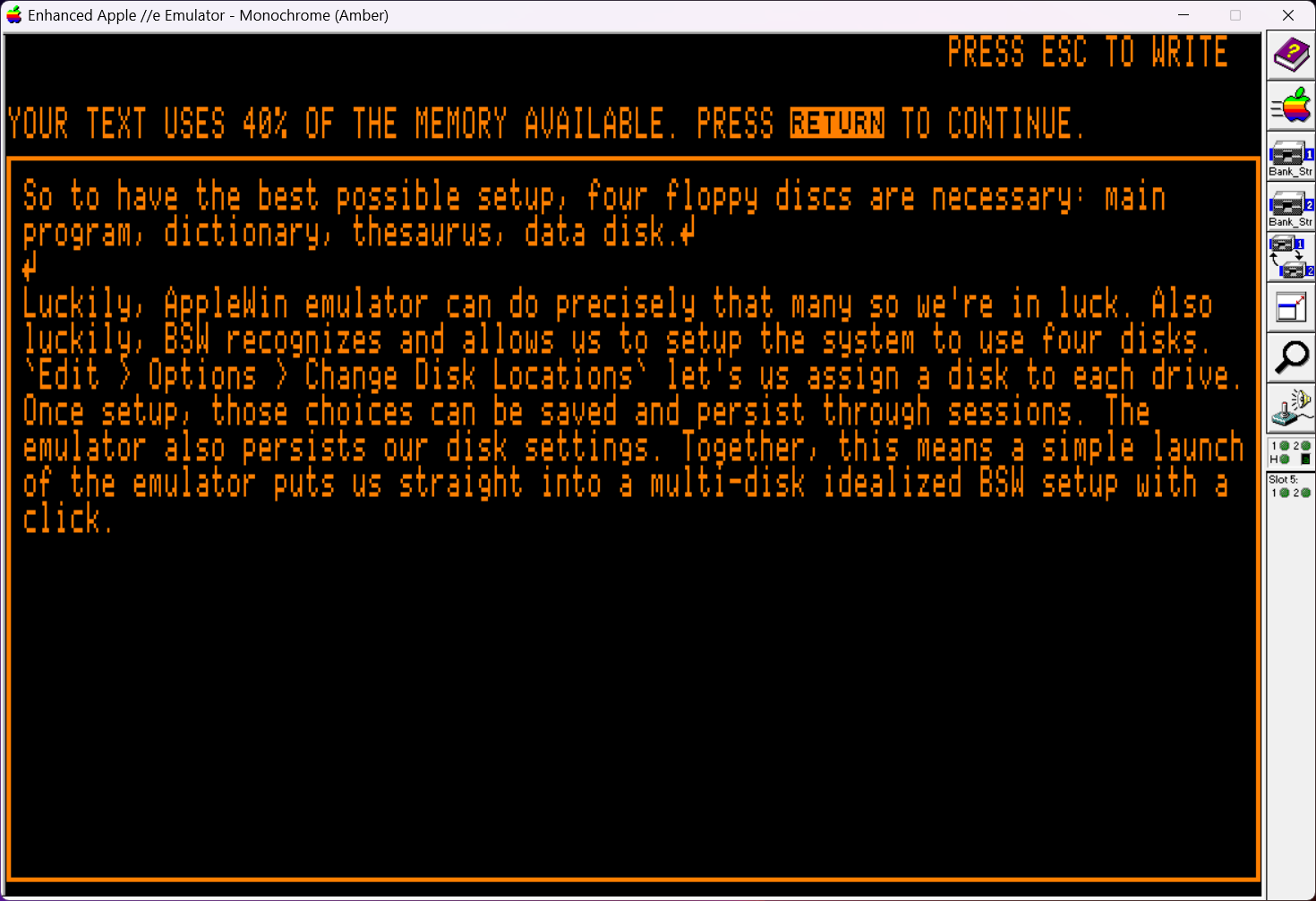 AppleWin running Bank Street Writer showing a document in progress. A warning in bright amber text: ‘YOUR TEXT USES 40% OF THE MEMORY AVAILABLE.’ 