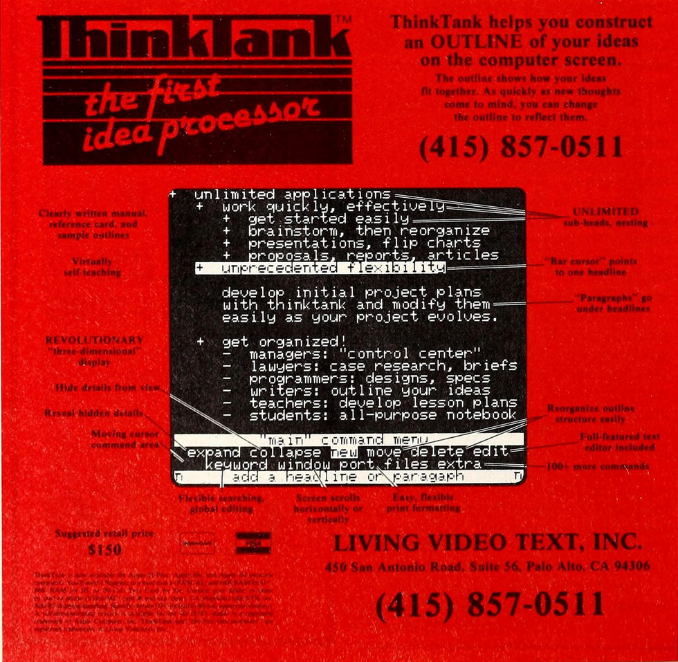 Bright, spot-ink red floods this square advertisement. Black text calls out the various features and pricing for ThinkTank on the Apple 2. Centered is a screenshot of the 40-column version. Living Video Text, Inc. address and phone number are featured prominently.