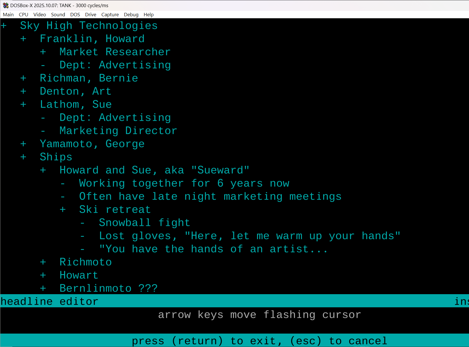 ThinkTank 2.41NP showing Sky High Technologies employee list, "Howard Franklin, Bernie Richman, Art Denton, Sue Lathom, and George Yamamoto". At the bottom is a "Ships" header, expanded to reveal various couplings as portmanteaus of the employee names, "Richmoto", "Howart, "Bernlinmoto???". The primary one is "Howard and Sue, aka Sueward." Details of this imagined relationship read, "Working together for 6 years now. Often have late night marketing meetings." Then a "Sky retreat" subheader is opened with details, "Snowball fight. Lost gloves Here let me warm up your hands" and finally "You have the hands of an artist..." as a proper cliche to hook these two up.