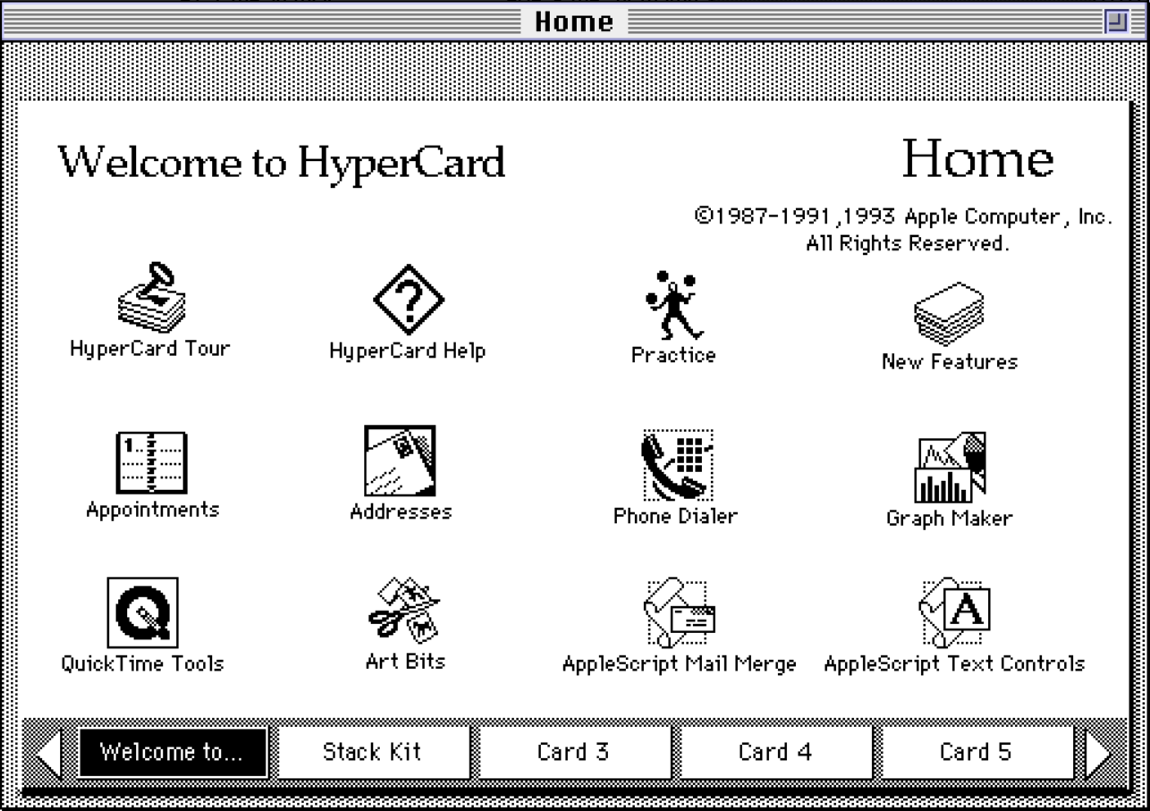 The default HyperCard Home card showing a neatly arranged grid of built-in stacks and tools, presented in a monochrome Macintosh window with the heading “Welcome to HyperCard” at the top.