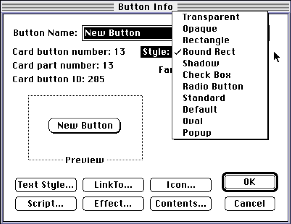The HyperCard Button Info window displaying settings for a button, including its name, preview, style options, and controls for linking, scripting, and visual effects.