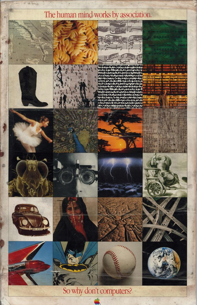 Cover to a large-format promotional booklet expaining what HyperCard is all about. The cover is composed of a grid of varied images—such as pasta, sheet music, circuit boards, a dancer, animals, books, landscapes, vehicles, and comic art—framed by the text “The human mind works by association” at the top and “So why don’t computers?” at the bottom.