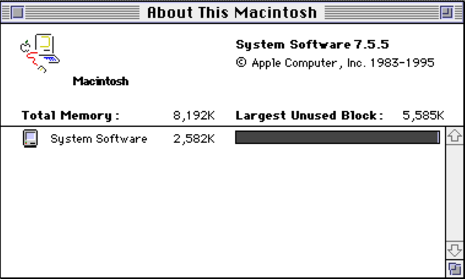 The “About This Macintosh” system information window showing System Software 7.5.5. It lists total memory as 8,192K, with System Software using 2,582K and the largest unused memory block shown as 5,585K.