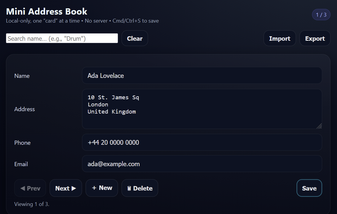 A dark-themed web interface titled “Mini Address Book,” showing a single contact card with fields for name, address, phone, and email. Navigation buttons allow moving between cards, creating new entries, deleting entries, importing and exporting data, and saving changes. A search field appears at the top.