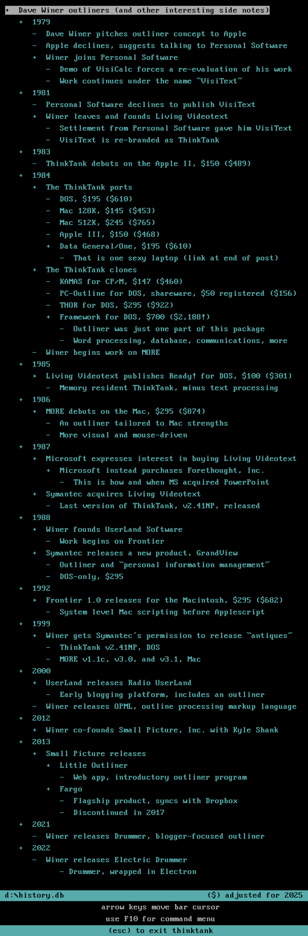 Screenshot of a ThinkTank outline containing a detailed timeline of Dave Winer’s outliner-related work from 1979 to 2022. Full text available in a screen-reader-only section below.