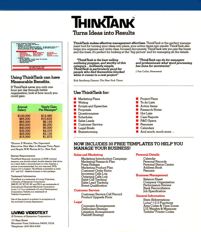 Back of the ThinkTank software box, highlighting its uses, benefits, and included templates. The layout features quotes from reviews, a list of tasks ThinkTank can help with—such as marketing plans, writing, schedules, and project planning—and a chart showing potential productivity gains. The bottom section lists 30 bundled business templates under categories like Sales and Marketing, Customer Service, Legal, and Personal Details. A small chart on the left says, "Using ThinkTank canhave Measurable Benefits. If ThinkTank save you only one hour per day through better organization, look at how much you could gain." The chart shows "Annual Salary" compared to "Yearly Gain Per Manager" and claims that someone with a salary of $100K can have $12K in yearly gain, simply by using this product.