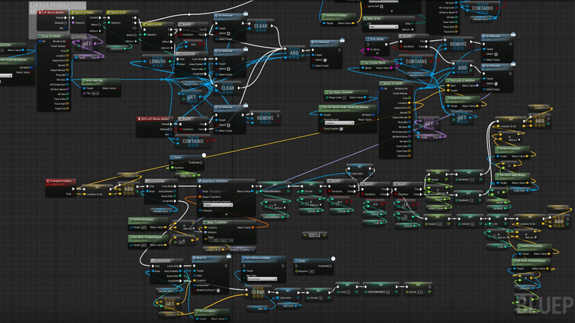 A dense visual programming workspace showing dozens of interconnected nodes linked by colored wires. The nodes represent logic operations, condition checks, data retrieval, and state changes arranged across a large canvas, forming a complex flowchart-like graph.