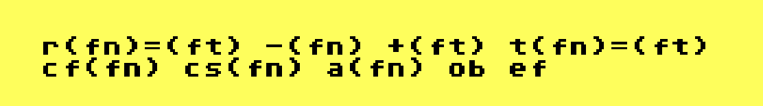 A slice of a screenshot from XPER showing one of its help menus. It is a cryptic line of text that read "r(rn)=(ft)  -(fn)  +(ft)  t(fn)=(ft)  cf(fn)  cs(fn)  a(fn)  ob  ef" in black text on a bright yellow background.