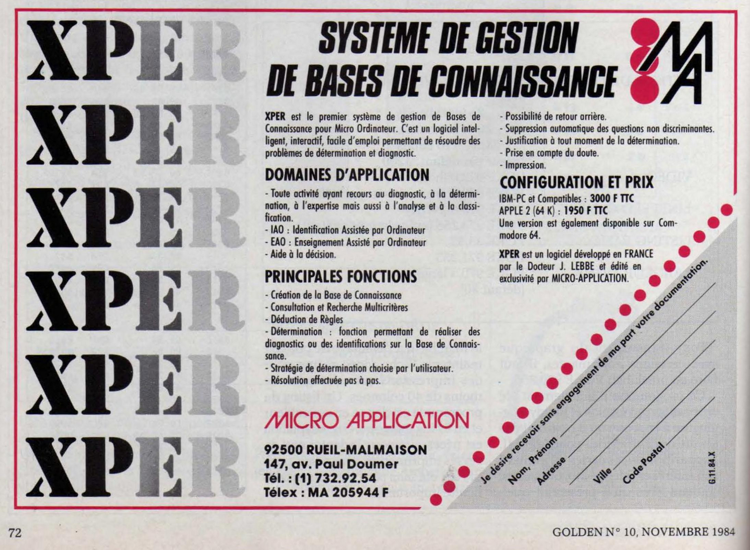 A French magazine advertisement for XPER, presented as a formal, text-dense announcement titled “Système de gestion de bases de connaissance,” emphasizing expert-system terminology, institutional applications, and decision support, with configuration options and prices listed for IBM PC and Apple II platforms in a November 1984 publication.