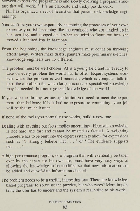 A book page containing dense text discussing principles of expert systems and knowledge engineering, including the limits of self-analysis by experts, the need for heuristics and uncertainty handling, and the importance of iterative design and maintainability, from the book “The Fifth Generation.”