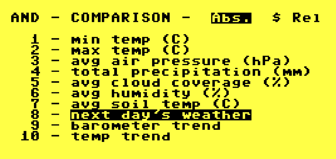 Screenshot from XPER showing an "AND" comparison in progress. The weather features, like temperature, average cloud coverage, and more are listed. "next day's weather" is highlighted by the system as being the only "absolute distinguishing feature" among the dataset. No big surprise there.