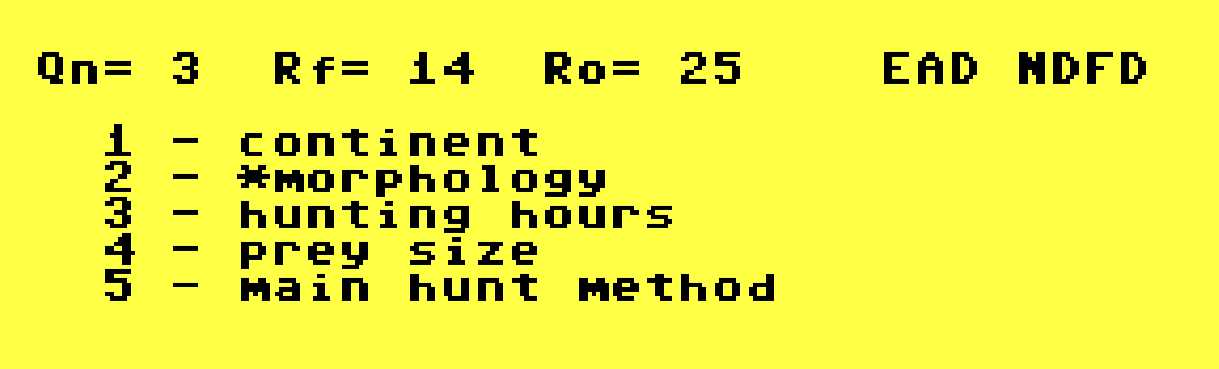 Screenshot of XPER in "inquiry mode" in the middle of a session. After 3 questions we have narrowed down the list of pertinent features in our feline data set to continent, morphology, hunting hours, prety size, and main hunt method.