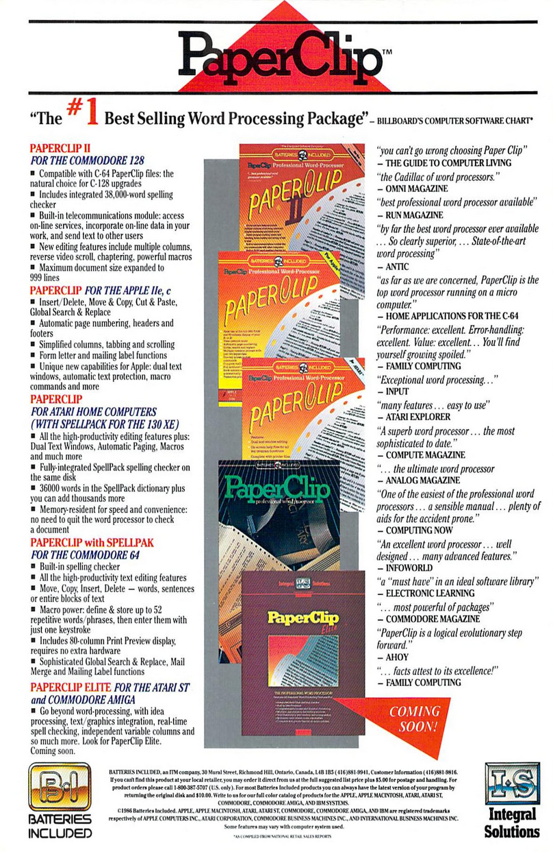 Full page ad promoting every version of PaperClip, including those yet to come. Various box art images run down the middle column. The left column promotes PaperClip II for the C128, PaperClip for the Apple IIe, PaperClip for Atari, then for C64, and finally PaperClip Elite for the Atari ST and Commodore Amiga. Only the last one says, "Coming soon." So where's that Apple version, I wonder? Down the right hand column are review quotes praising the products. Omni Magazine calls it, "The Cadillac of word processors"
