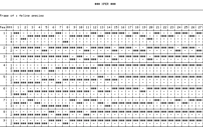 A monochrome, printer-style screen showing XPER’s textual output of a database frame, listing an object’s features and attributes in a rigid, structured layout typical of early expert systems.