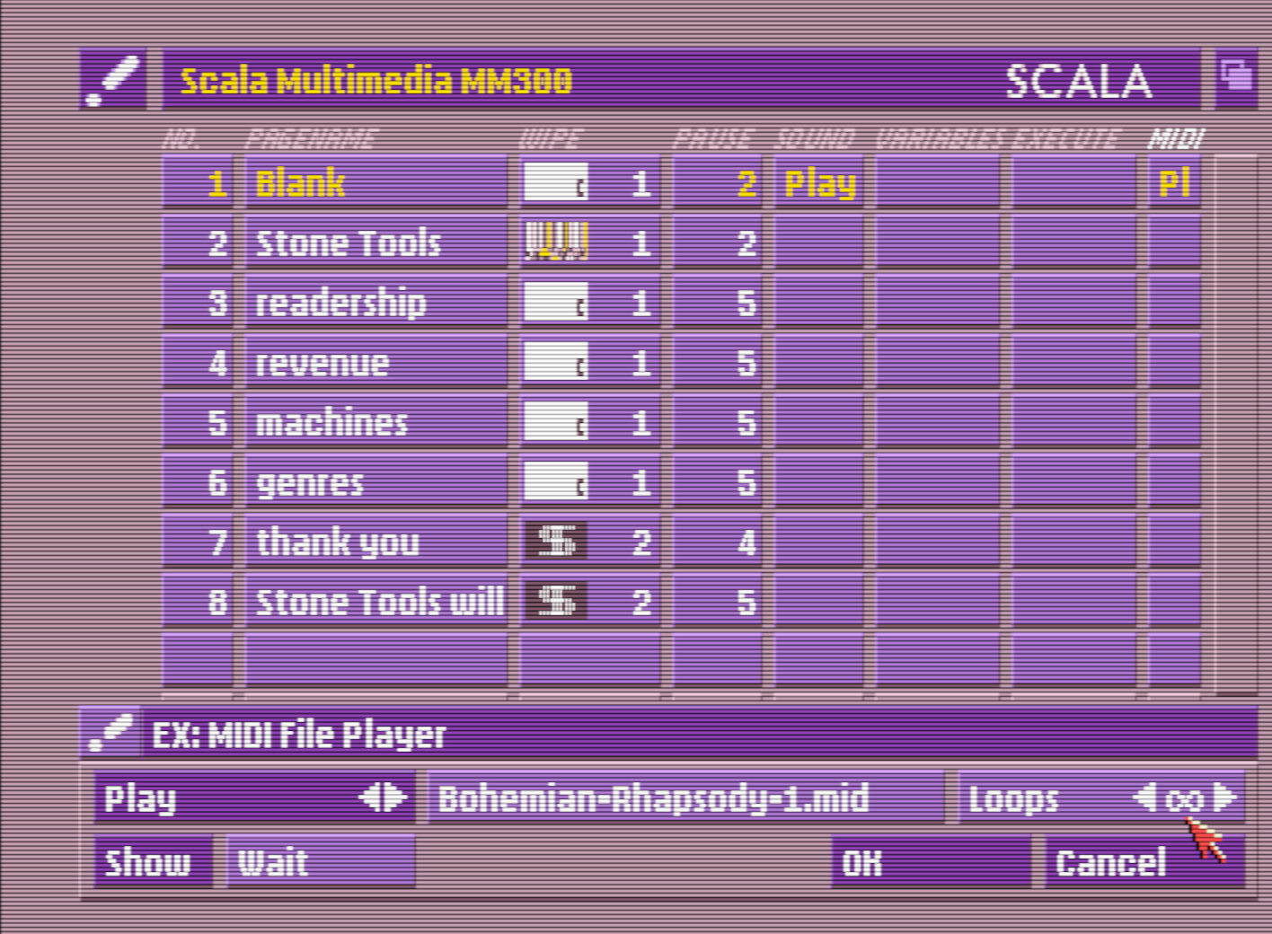 MIDI file import interface provided by enabling the EX module for it. "Bohemian-Rhapsode-1.mid" is set to play in infinite loops.