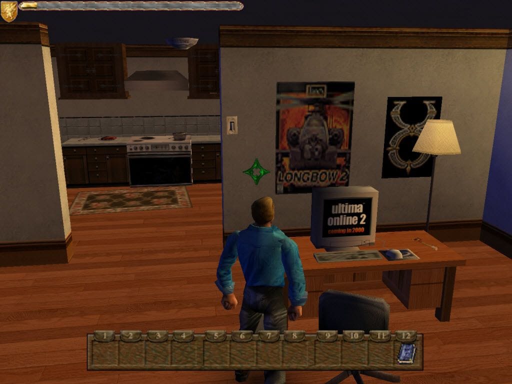 Screenshot from the opening of Ultima 9. Crude, ugly graphics, even for its day, if I'm being honest. The Avatar character is standing in an unusually large and largely empty living room, his computer says that "ultima online 2 coming in 2000". A poster for Longbow 2 dominates the wall. It isn't even framed art, just a college student's idea of home decoration. A huge passageway from the living room shows the kitchen with a floor rug placed in front of the stove. It's weird.