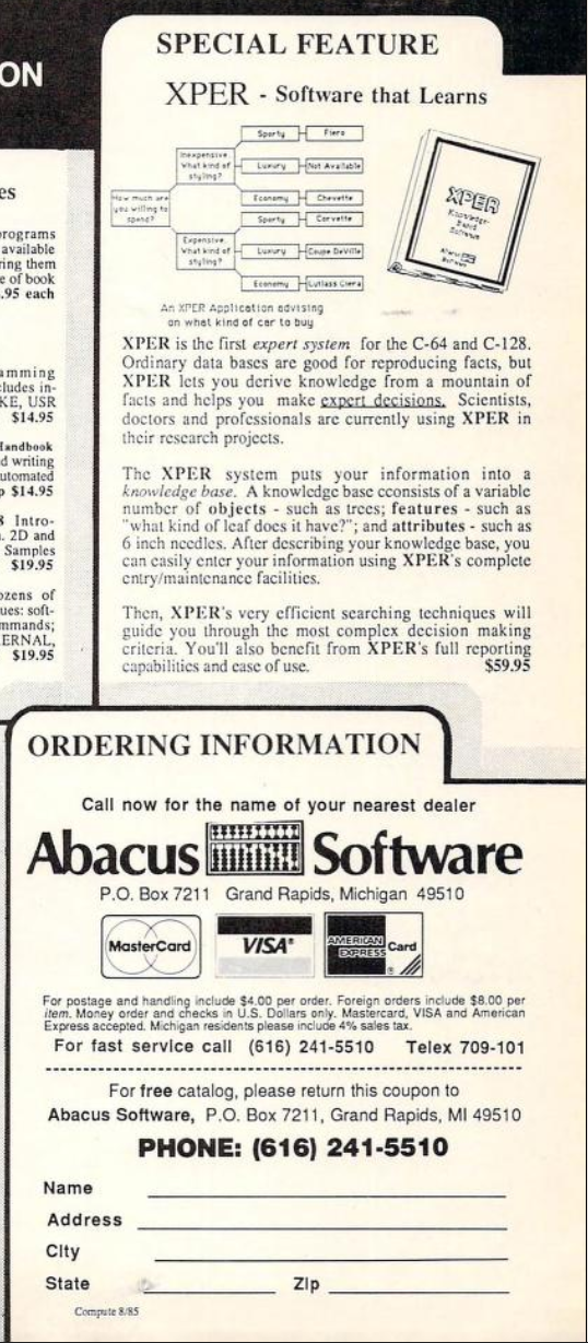 A magazine advertisement titled “Special Feature: XPER — Software that Learns,” promoting XPER as an expert system for the Commodore 64 and 128. The ad explains knowledge bases, objects, features, and attributes using a car-buying example, positions XPER as a professional decision-support tool, and includes Abacus Software ordering information with a listed price of $59.95.