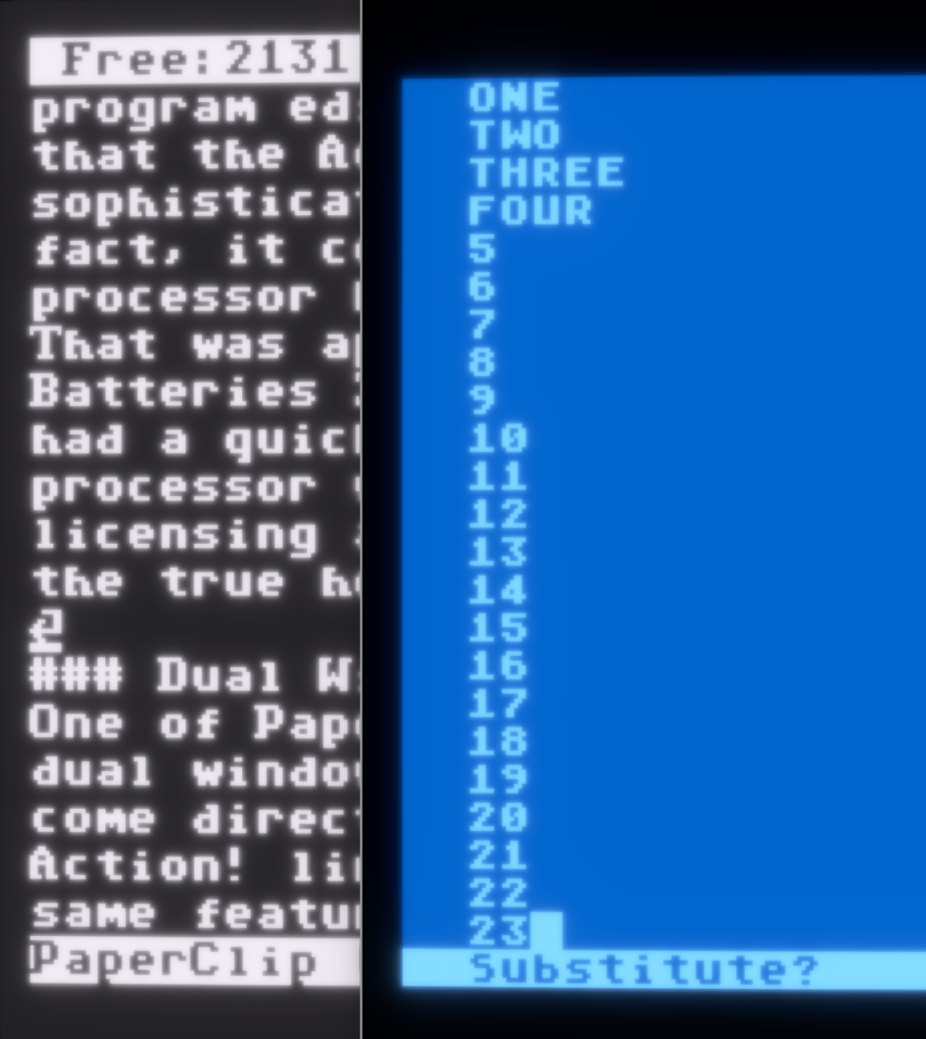 Split comparison showing PaperClip on the left in black and white, and the Action! editor on the right in shades of blue.