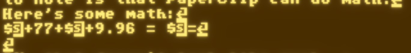 Printer formatting codes are wrapped around numbers and math symbols, instructing the printer to do the actual math of $77 + $9.96. No answer is on screen.