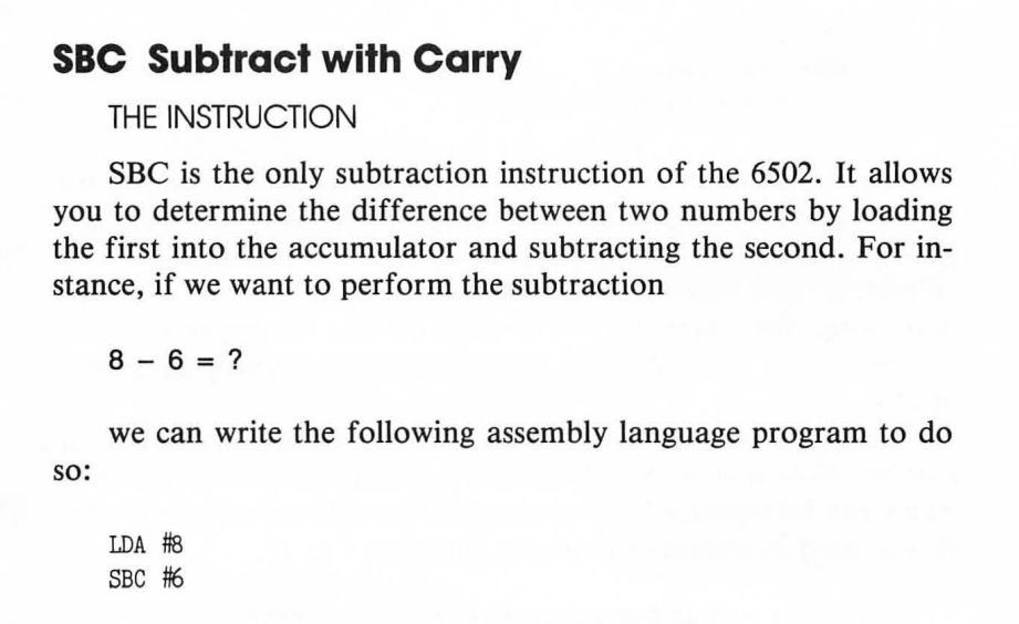 Clipping from the book detailing the SBC, "subtract with carry" machine language instruction for the 6502 processor.