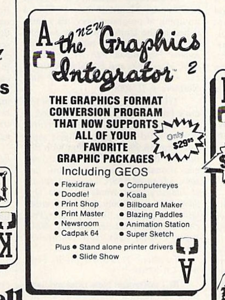 Magazine advertisement for The New Graphics Integrator 2, a graphics format conversion program, listing supported packages such as GEOS, Print Shop, Koala, Newsroom, and others, with a highlighted price of $29.95.
