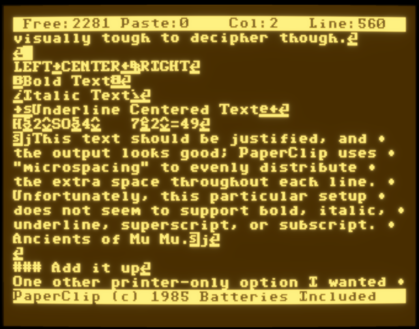 Screenshot showing raw printer control codes embedded in the text, including alignment, bold, italic, underline, superscript, subscript, and justification markers, which appear visually cluttered on screen before printing. To be fair, some of them make a lot of visual sense, like the Bold and Italic being a B and i to mark the beginning of a block of text and the horizontally flipped characters to mark the end. Others are total gibberish.