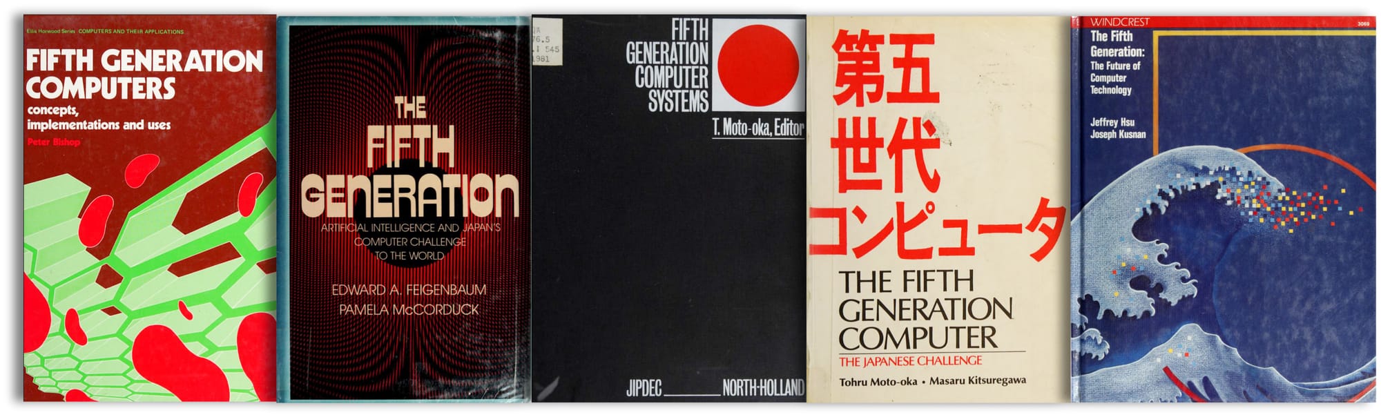 A row of book covers about fifth-generation computing and artificial intelligence, all bearing nearly the same title "Fifth Generation Computers" in slightly different designs, suggesting a strong agreement about what this period of computing should be called.