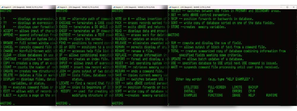 Composite image of four dBASE II help screens displayed side by side. Each screen lists available commands and brief descriptions, such as BROWSE, COPY, DELETE, INDEX, LOCATE, REPORT, SUM, TOTAL, and others, along with a brief, one-line description. Together they show the complete HELP command reference.