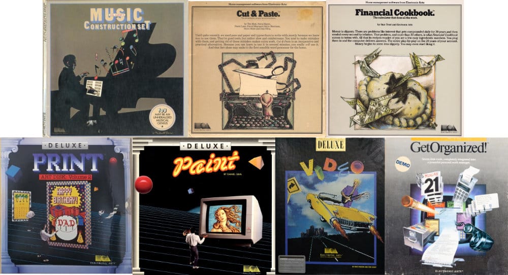 A collage of box art from Electronic Arts's "Tools" lineup. From left to right, Music Construction Set, Cut & Paste, Financial Cookbook, Deluxe Print, Deluxe Paint, Deluxe Video, and GetOrganized!