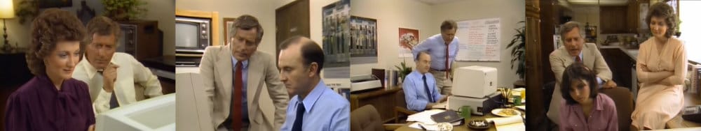 Four images from the training video, all with Mr. Fisher watching over someone else doing the typing. He's the expert, you see. Experts manage, they don't actually work.