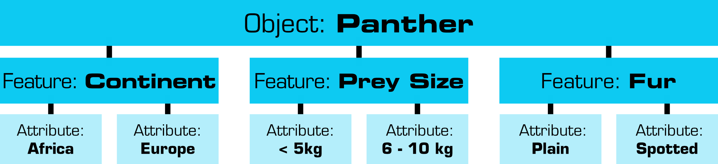 A diagram showing an expert-system knowledge frame where the object “Panther” is described by features such as Continent, Prey Size, and Fur, each broken into discrete attribute choices like Africa or Europe, size ranges, and fur patterns.