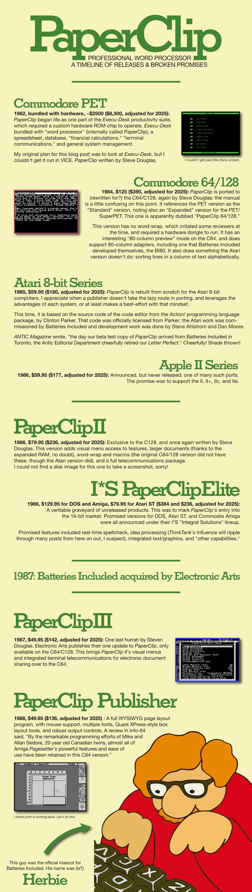 Vertical infographic timeline titled “PaperClip: A Professional Word Processor — A Timeline of Releases & Broken Promises.” It traces the history of the PaperClip word processor across platforms, including 1982 on Commodore PET, 1984 on Commodore 64/128, 1985 on Atari 8-bits, promised and never arrived 1986 on Apple II, PaperClip II in 1986 on the C128, various unreleased versions of PaperClip Elite for Amiga, DOS, AtariST. After the Electronic Arts buyout in 1987, PaperClip III is released for the C64/128. Finally, PaperClip Publisher was published in 1988 for the C64, essentially a clone of the Amiga's Pagesetter. At bottom, an illustration of the bespectacled Batteries Included mascot “Herbie” typing at a keyboard.