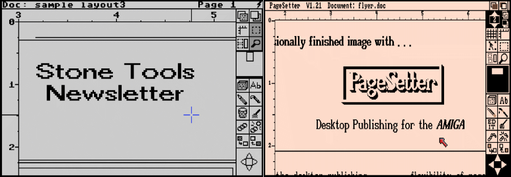 Side by side screenshots of PaperClip Publisher on the C64 and PageSetter on the Amiga. They are shockingly similar, especially the toolbar icons running down the right side. The C64 shot has a work in progress that reads, "Stone Tools Newsletter". I admit, it's tempting. 