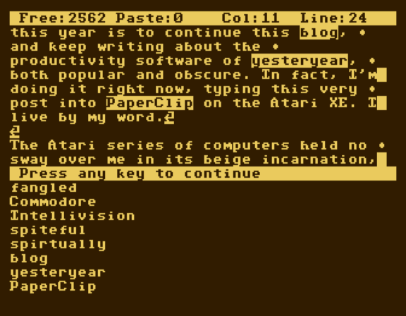 Screenshot of the spellcheck in progress. Unknown words include blog, yesterday, and (inexplicably) PaperClip itself.