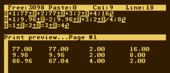 Screenshot showing lots of crazy formatting codes wrapped around various numbers which define columnar values along with a request to calculate the totals for each column. Altirra's print preview is used this time to see the formatted numbers. Four columns of neatly tab-aligned values with decimal places have calculated each column total individually properly.