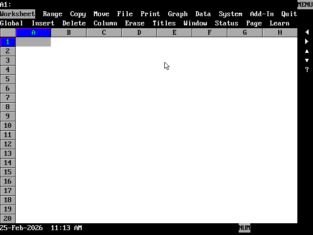 Screenshot in WYSIWYG mode. Black background, white field for the worksheet, but now the row and column headers are rendered in that "embossed" look like Windows 95. Mid grey, with pixel-thin white highlights on the left and upper edge, dark grey shadows along the right and bottom edges.