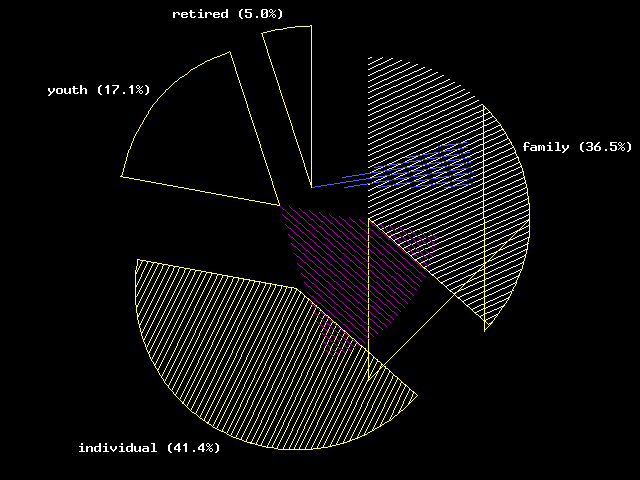 A janky, obviously bugged, CGA line drawing of an exploded pie chart. Two slices are drawn properly, but their in-fill is drawn outside of the boundaries, rotated out of position. One slice has the fill right, but the boundaries are whack. One slice is perfect.