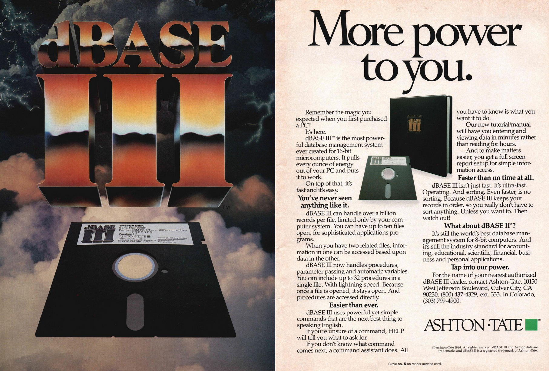 Two-page magazine advertisement for dBASE III. The left page features a dramatic cover image of a floppy disk rising through storm clouds beneath large metallic “dBASE III” lettering. The right page, headlined “More power to you,” promotes dBASE III’s speed, file handling, procedures, and ease of use, with product photos of the manual binder and disk. The Ashton-Tate logo appears at the bottom.