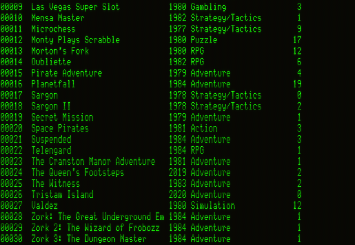 dBASE II screen showing the output of LIST TITLE, RELEASE:YR, GENRE, STOCK in green monochrome text. The report lists game titles with release year, genre, and stock count in aligned columns, including entries such as Zork, Planetfall, and Valdez.