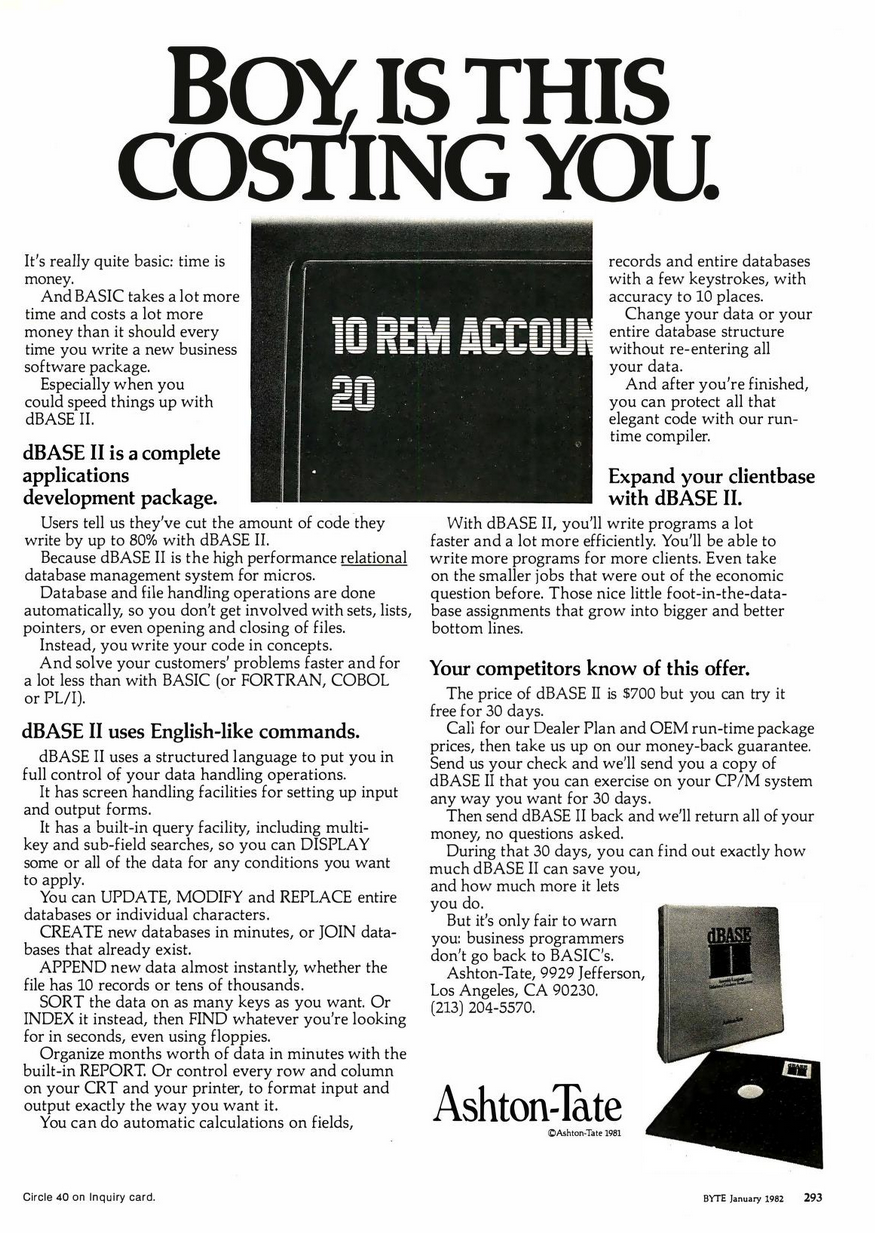 Full-page magazine advertisement for dBASE II headlined “BOY, IS THIS COSTING YOU.” The text argues that writing business software in BASIC wastes time and money, promoting dBASE II as a faster, English-like relational database development system. A central inset shows a screen with BASIC-style code, while the copy highlights features such as UPDATE, JOIN, SORT, INDEX, REPORT, and automatic calculations. The Ashton-Tate logo and a photo of the dBASE II disk and binder appear at the bottom.