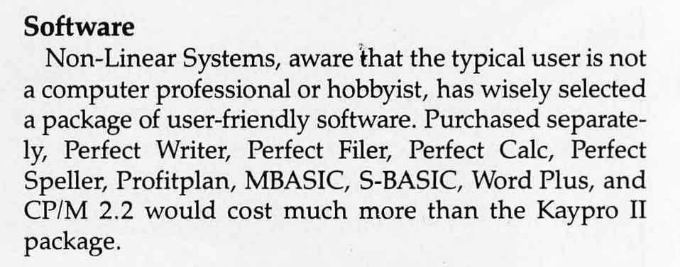 Clipping from BYTE Magazine describing the Kaypro II’s bundled software. It notes that buying programs such as Perfect Writer, Perfect Calc, Perfect File, MBASIC, and CP/M 2.2 separately would cost more than the Kaypro II selling price.