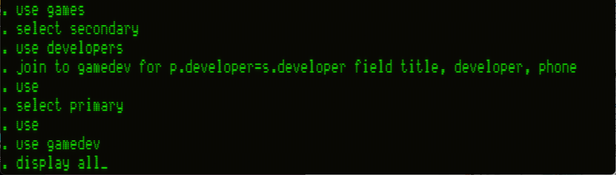 A sequence of expertly executed dBASE commands, all error free as indicated by nothing. Opening the games database, switching to secondary work area, opening the developers database, joining them on developer, then renaming the new database to  "gamedev"