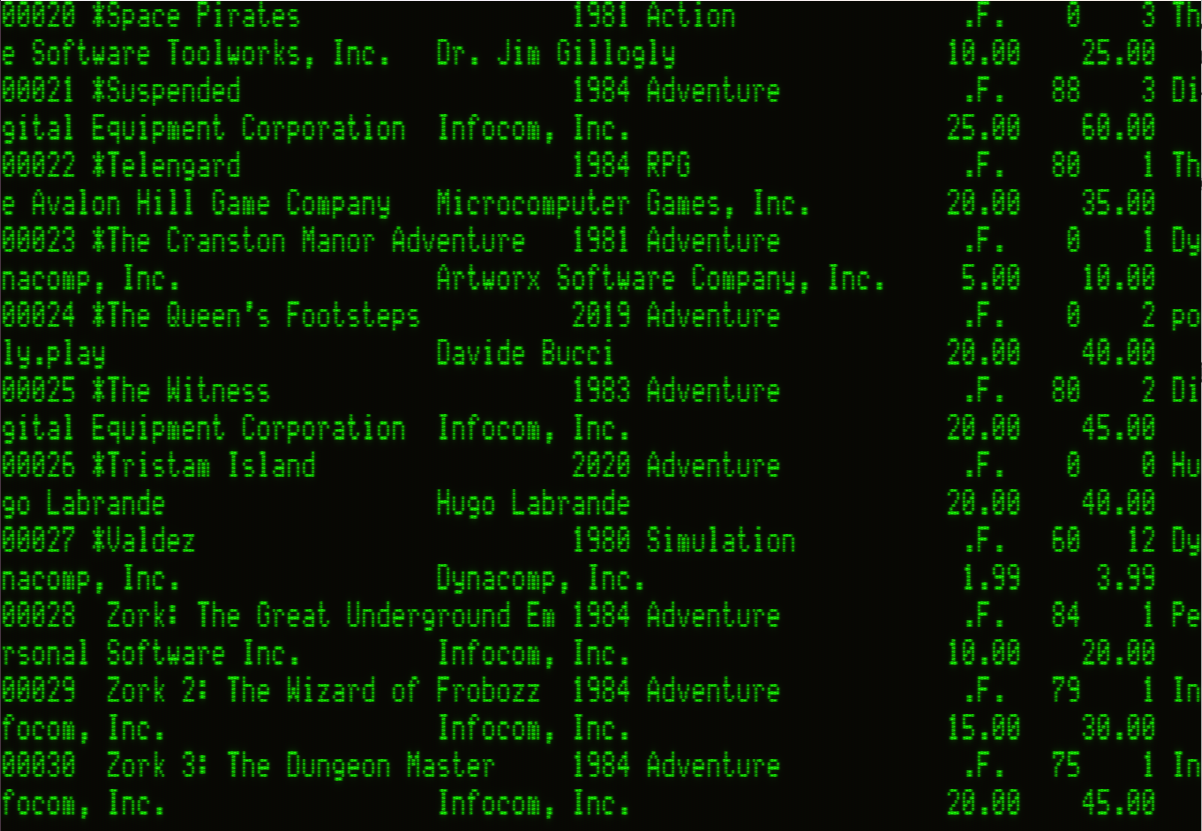 The result of the previous screenshot's deletion. Now, all non-Zork games are maked with (*) for deletion.