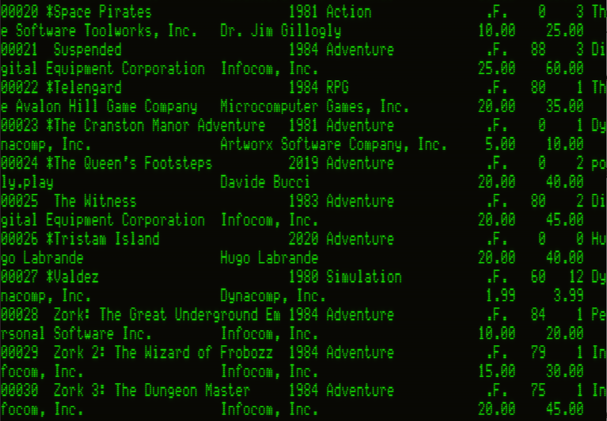 Same as the previous results screen, except all non-Infocom games are now marked with (*), not just non-Zork games.