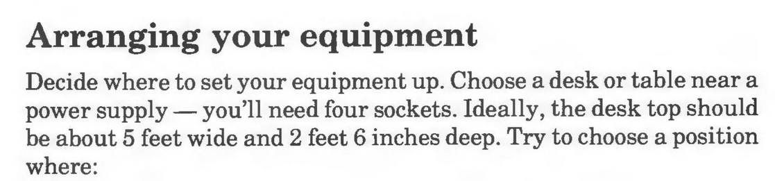 Clipping from the Z80 manual. "Arranging your equipment" reads "Ideally, the desk top should be about 5 feet wide and 2 feet 6 inches deep."