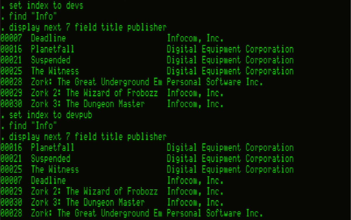dBASE II screen showing two comparisons of indexed searches in green monochrome text. First, the index “devs” (based only on the Developer field) is used with FIND "Info" and DISPLAY NEXT 7, producing one order of results. Then the index “devpub” (based on both Developer and Publisher fields) is selected and the same commands are run, producing a differently ordered list. The side-by-side outputs demonstrate how multi-field indexing changes search results.
