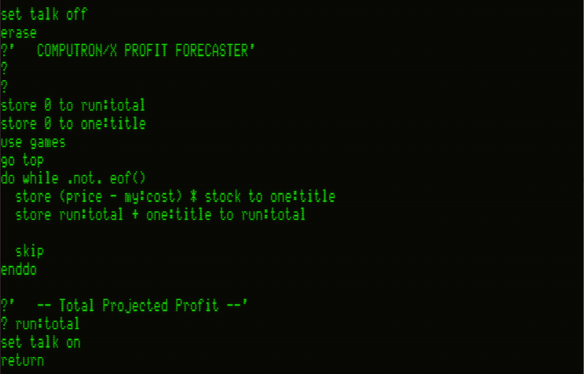 Simple Command file showing how to calculate my profit, stepping through all records and keeping a running total. A DO WHILE not eof() loop calculates price minus my_cost times stock and stores it, then adds that to the running total, which is printed to screen at the end.