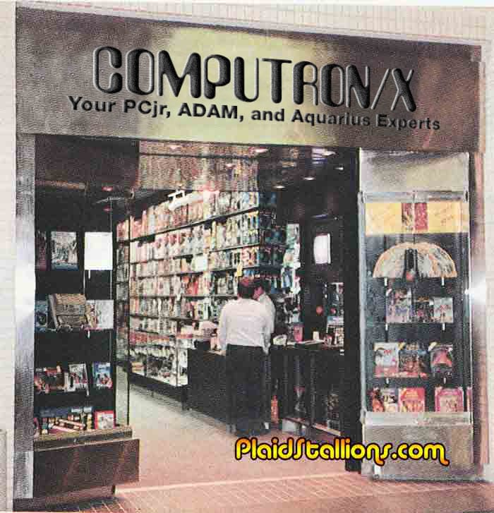 Silly photo composite from a photo from plaidstallions.com, referencing the COMPUTRON/X store from earlier. Chrome and glass adorn the entrance way, while inside the store shelves are packed with boxes. Original photo is circa 1980-something. Two store clerks stand at the register by the entrance.