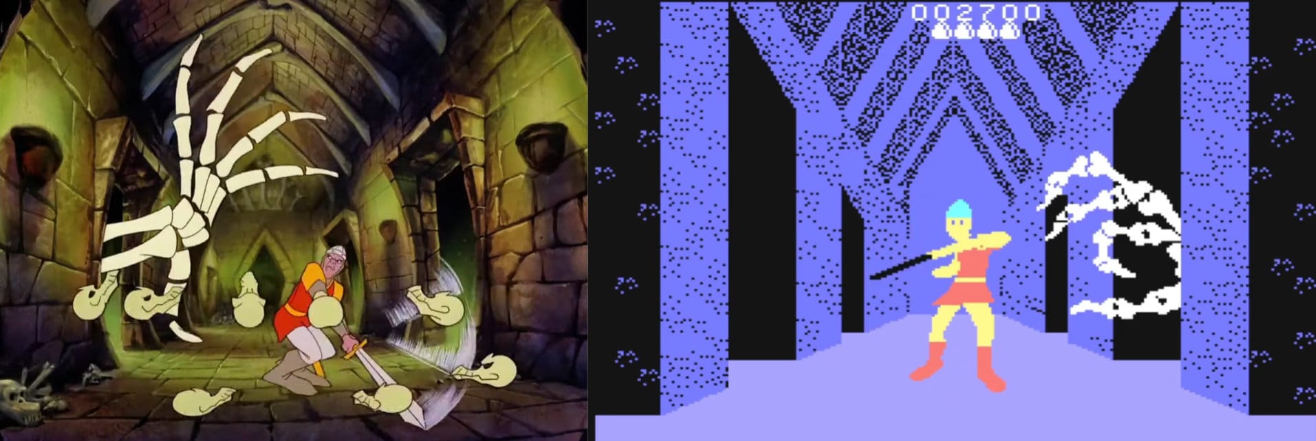 Side-by-side comparison of Dragon’s Lair. On the left, Don Bluth's richly detailed laserdisc original, with Dirk fighting the skeletal hands. On the right, the same scene as depicted in the 8-bit Coleco ADAM version, with limited colors, static corridor, and minimal animation. What a let down.