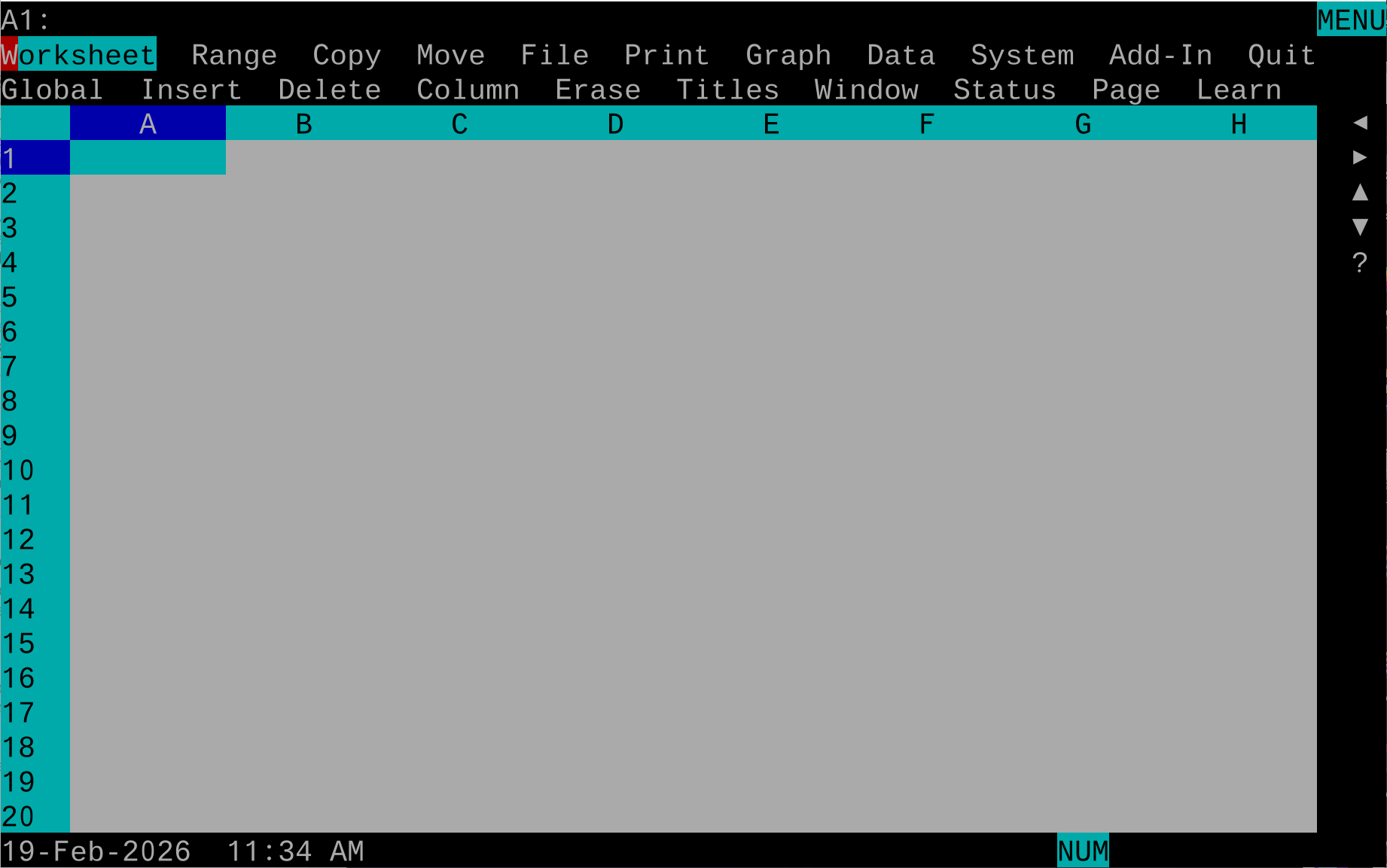 Screenshot of the main interface for Lotus 1-2-3 Release 2.3. A black background with a light grey field denoting the worksheet proper. CGA cyan colors the column and row headers. CGA blue highlights the current column and row. The top two lines show the menu, with the current selection in cyan. This is the scheme for almost every in-app screenshot, unless otherwise noted.